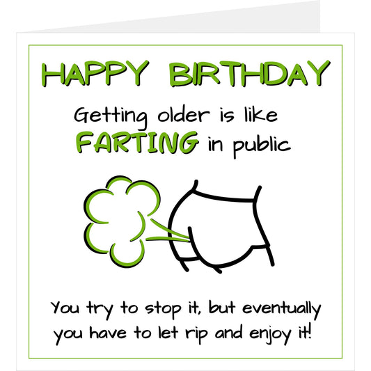 Rude fart joke birthday card standing up showing front design and a glimpse of the back