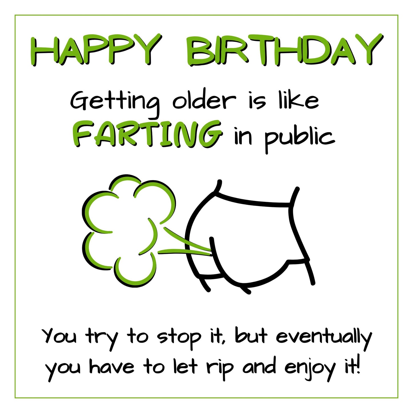 Rude fart joke birthday card front design with cheeky cartoon and funny text