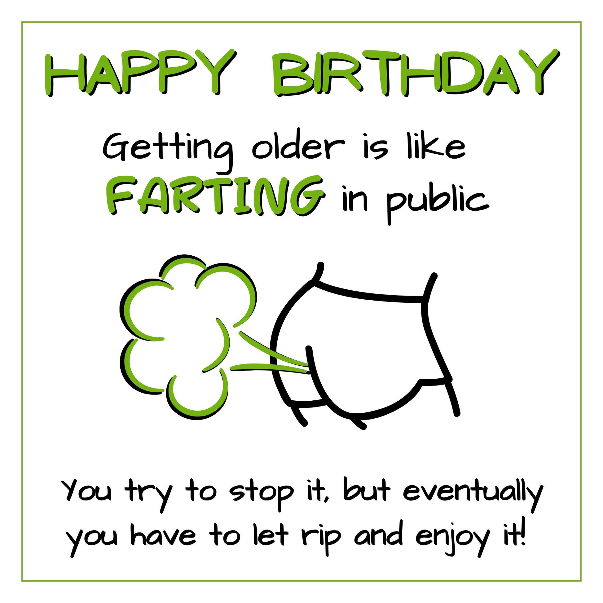 Rude fart joke birthday card front design with cheeky cartoon and funny text