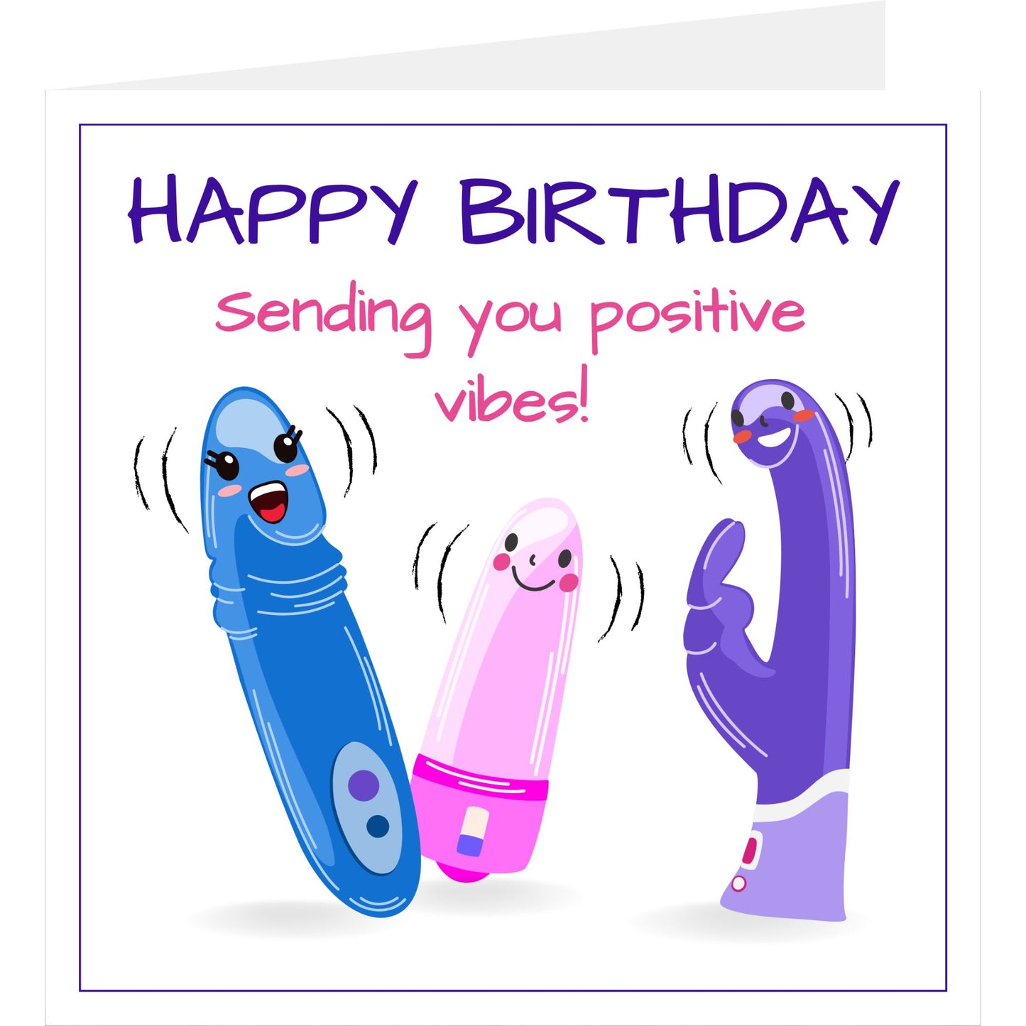 Rude vibrator funny birthday card standing up showing front design and a glimpse of the back