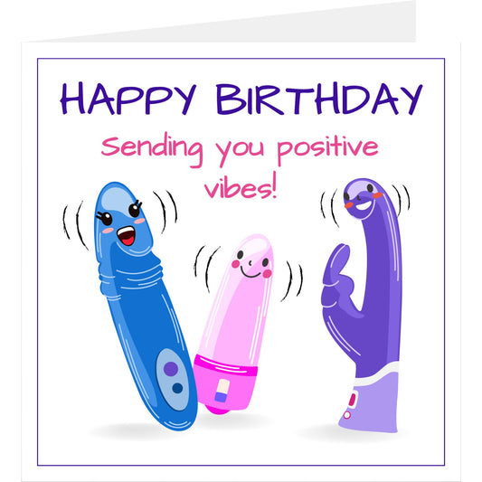 Rude vibrator funny birthday card standing up showing front design and a glimpse of the back