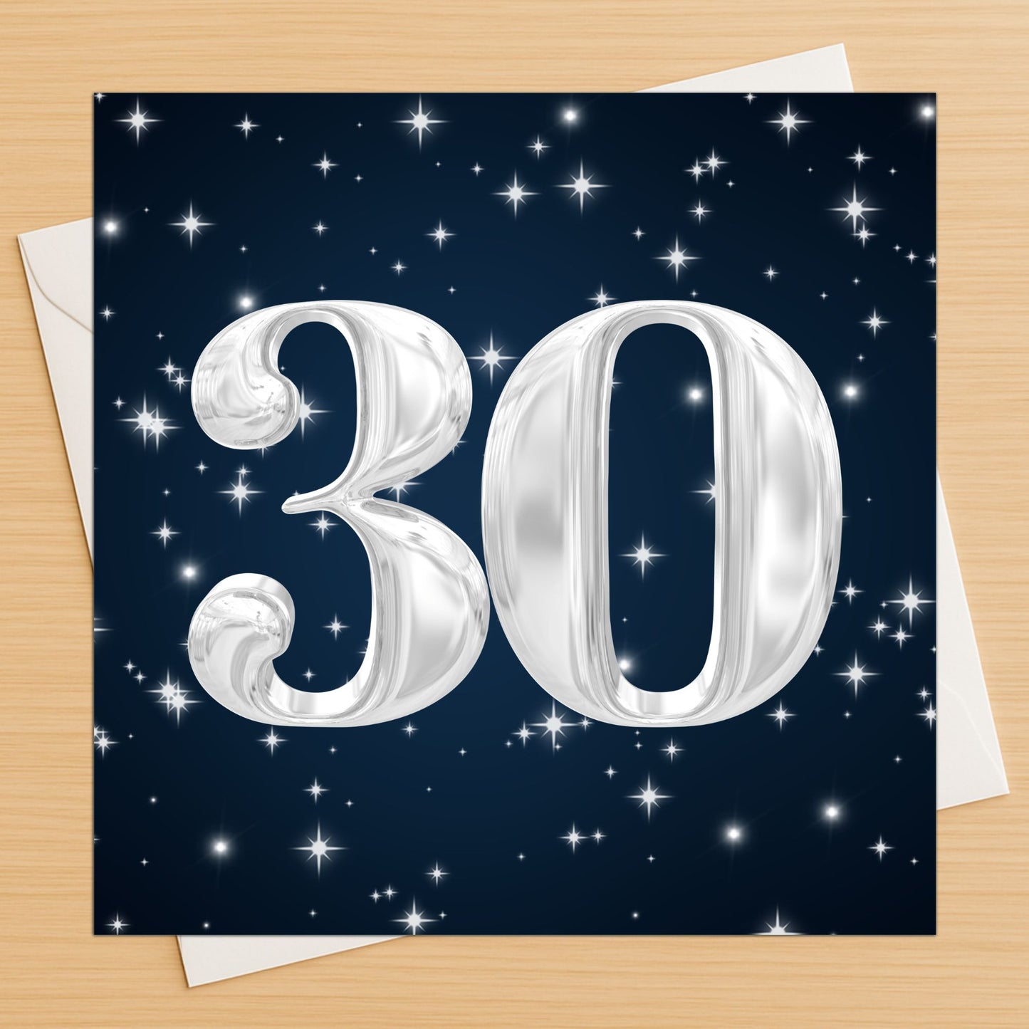 Card with silver number '30' on a dark blue background with stars