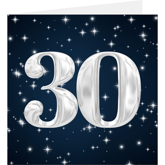 Silver number '30' on a dark blue background with stars