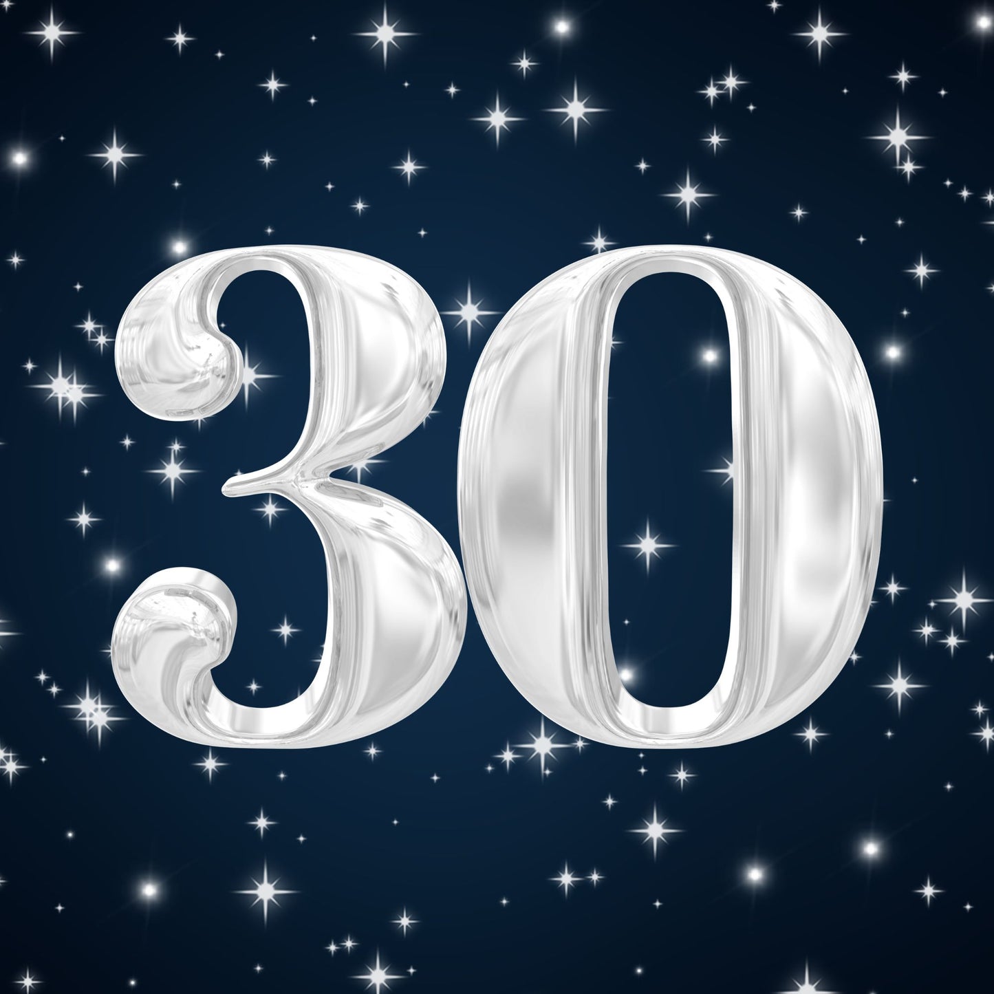 Silver balloon 30 numerals on a dark blue starry sky, glossy milestone birthday card