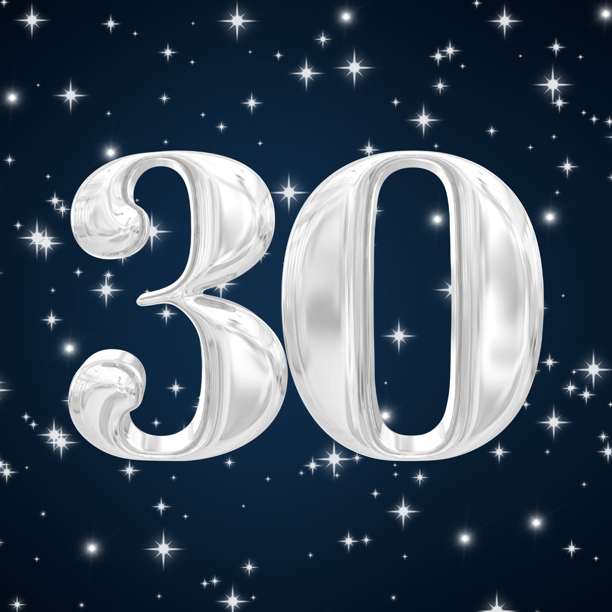Silver balloon 30 numerals on a dark blue starry sky, glossy milestone birthday card