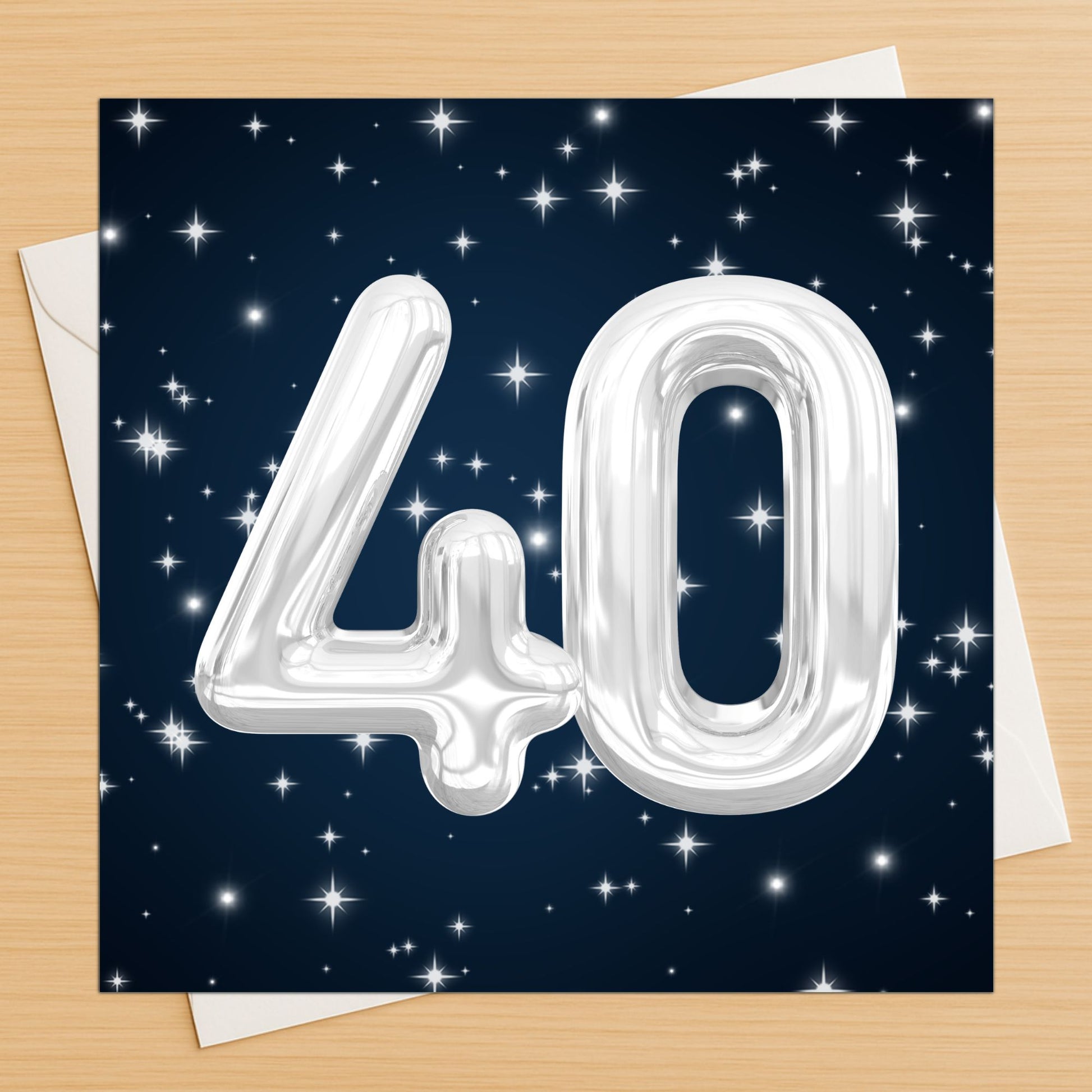 40th birthday card with silver balloon-style '40' on a dark blue background with stars.