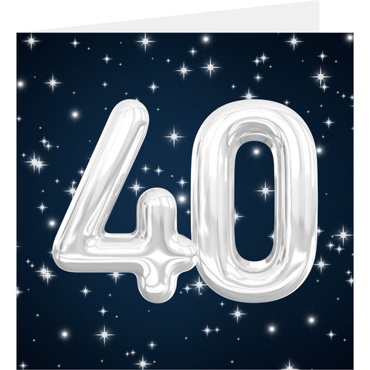 Silver number '40' balloons on a dark blue background with stars