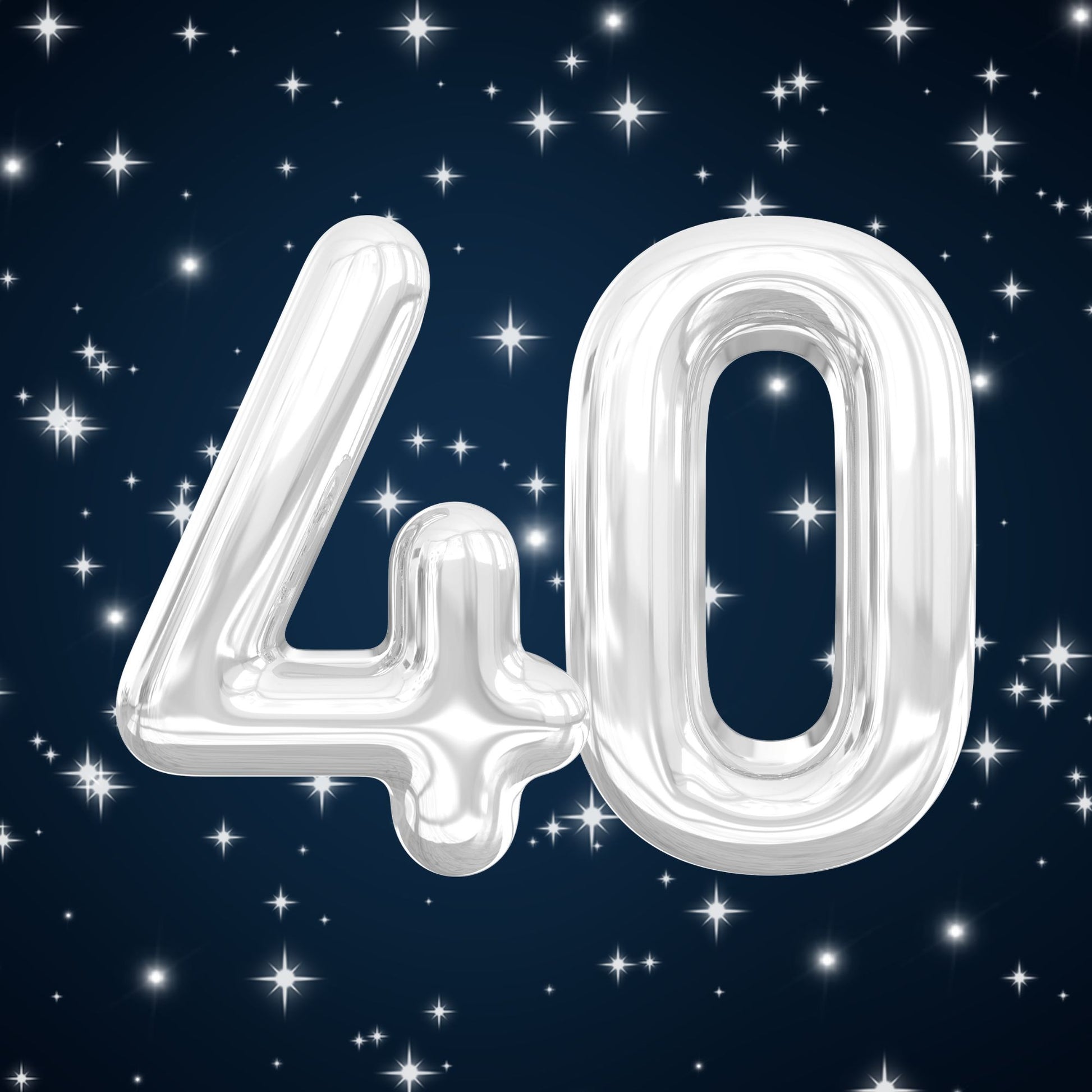 Silver balloon 40 numerals on a dark blue starry sky, glossy milestone birthday card