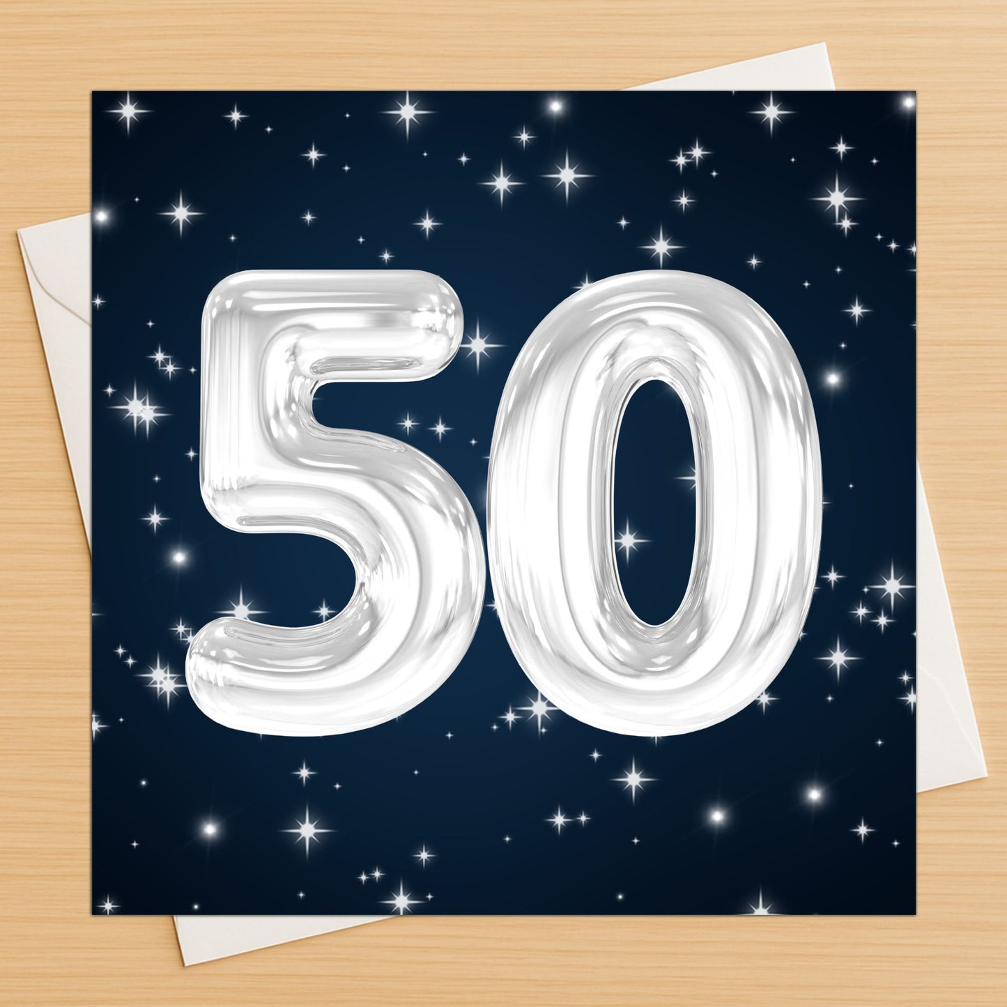 50th birthday card with silver balloons on a dark blue background with stars