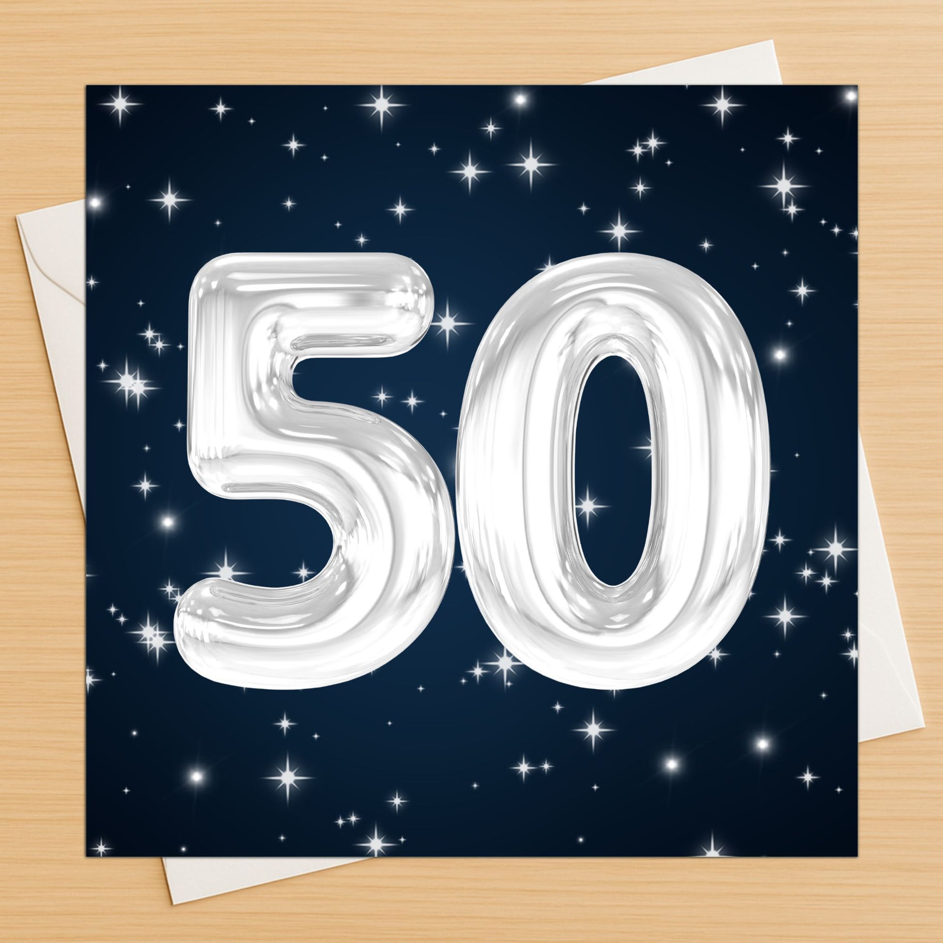 50th birthday card with silver balloons on a dark blue background with stars
