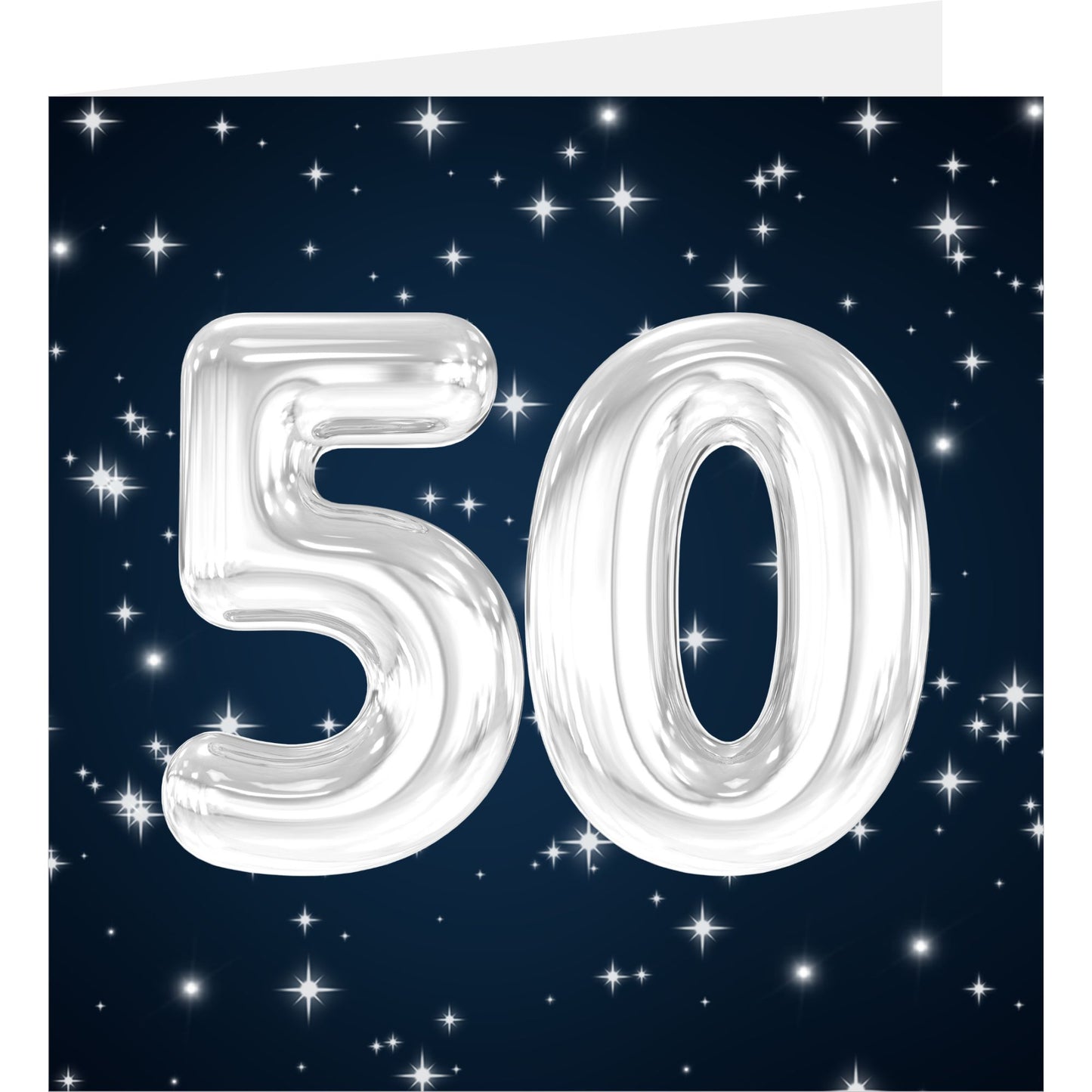 Silver number '50' balloons on a dark blue background with stars