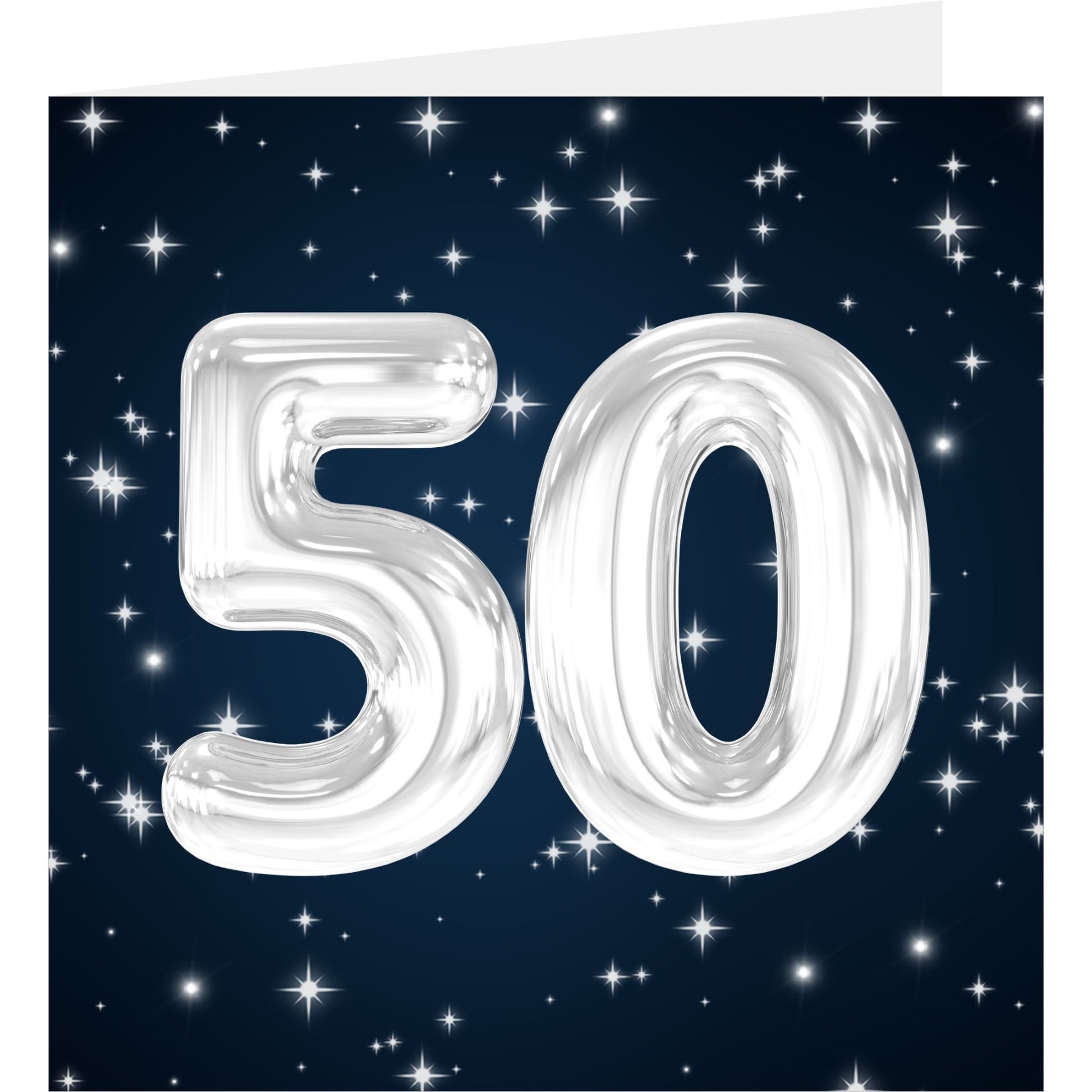 Silver number '50' balloons on a dark blue background with stars