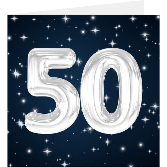 Silver number '50' balloons on a dark blue background with stars