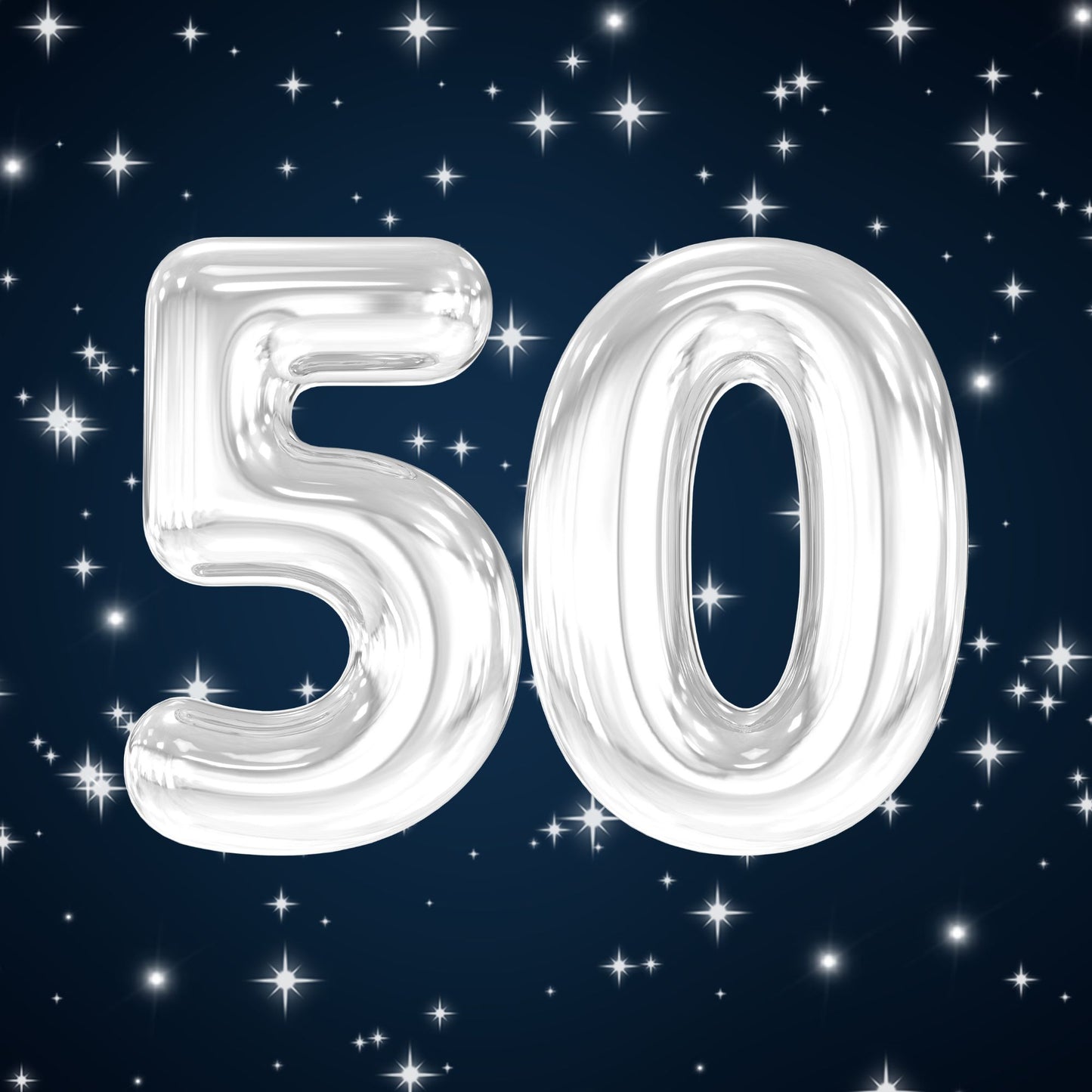 Silver balloon 50 numerals on a dark blue starry sky, glossy milestone birthday card