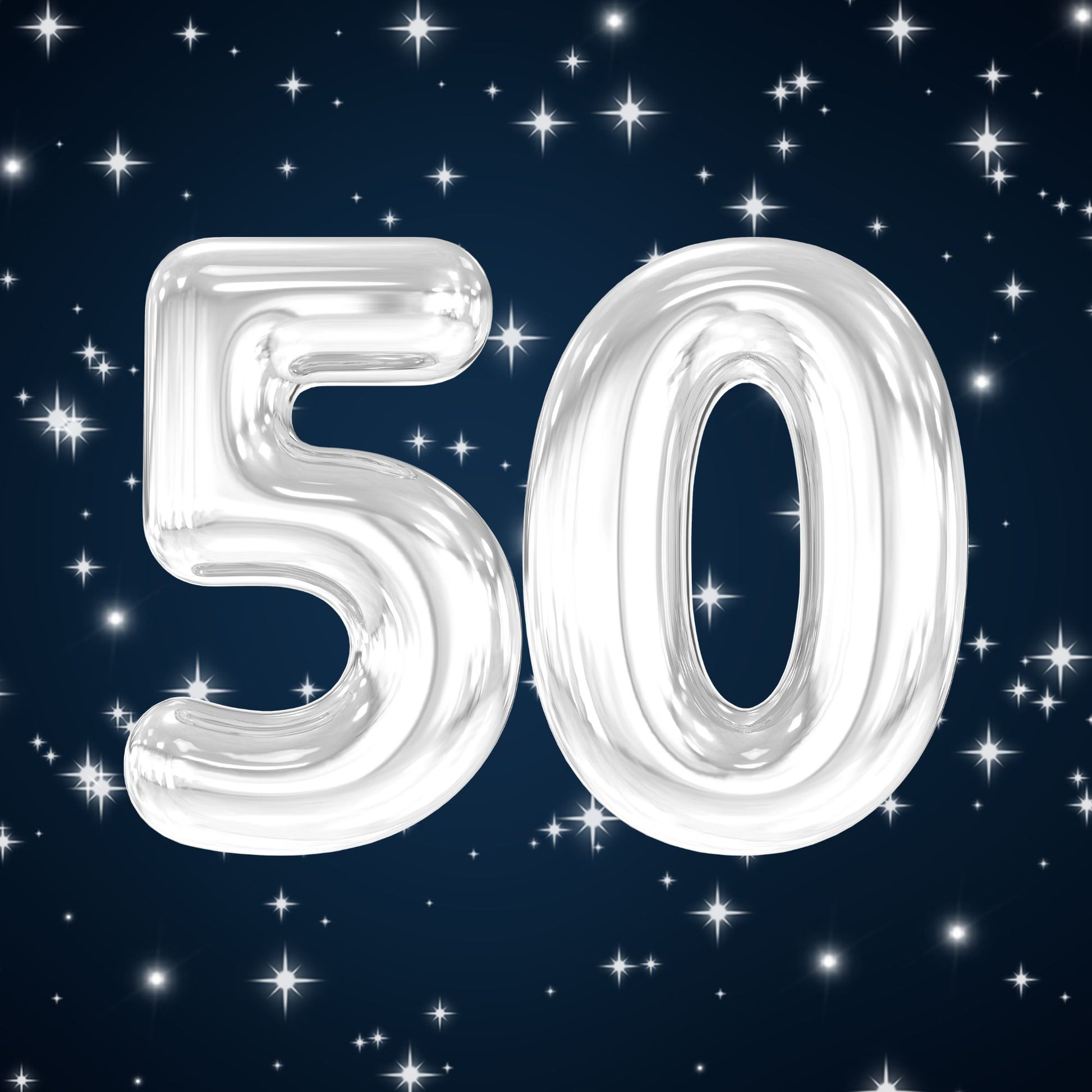 Silver balloon 50 numerals on a dark blue starry sky, glossy milestone birthday card