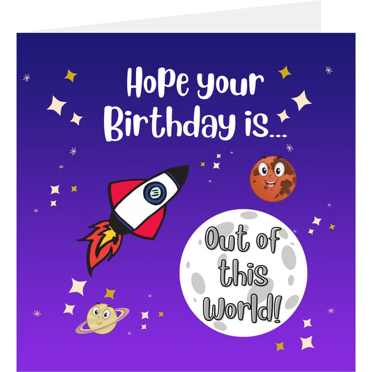 Space rocket out of this world birthday card standing with back partially visible