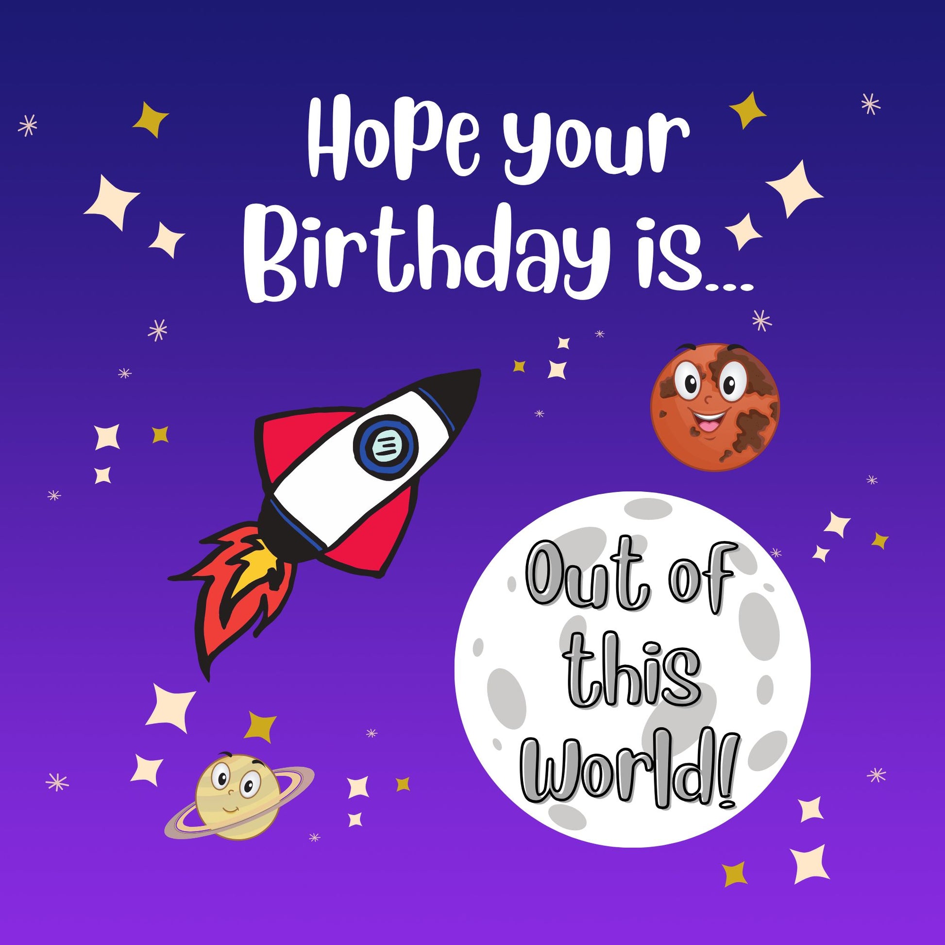 Space rocket out of this world birthday card front with rocket, planets and moon design
