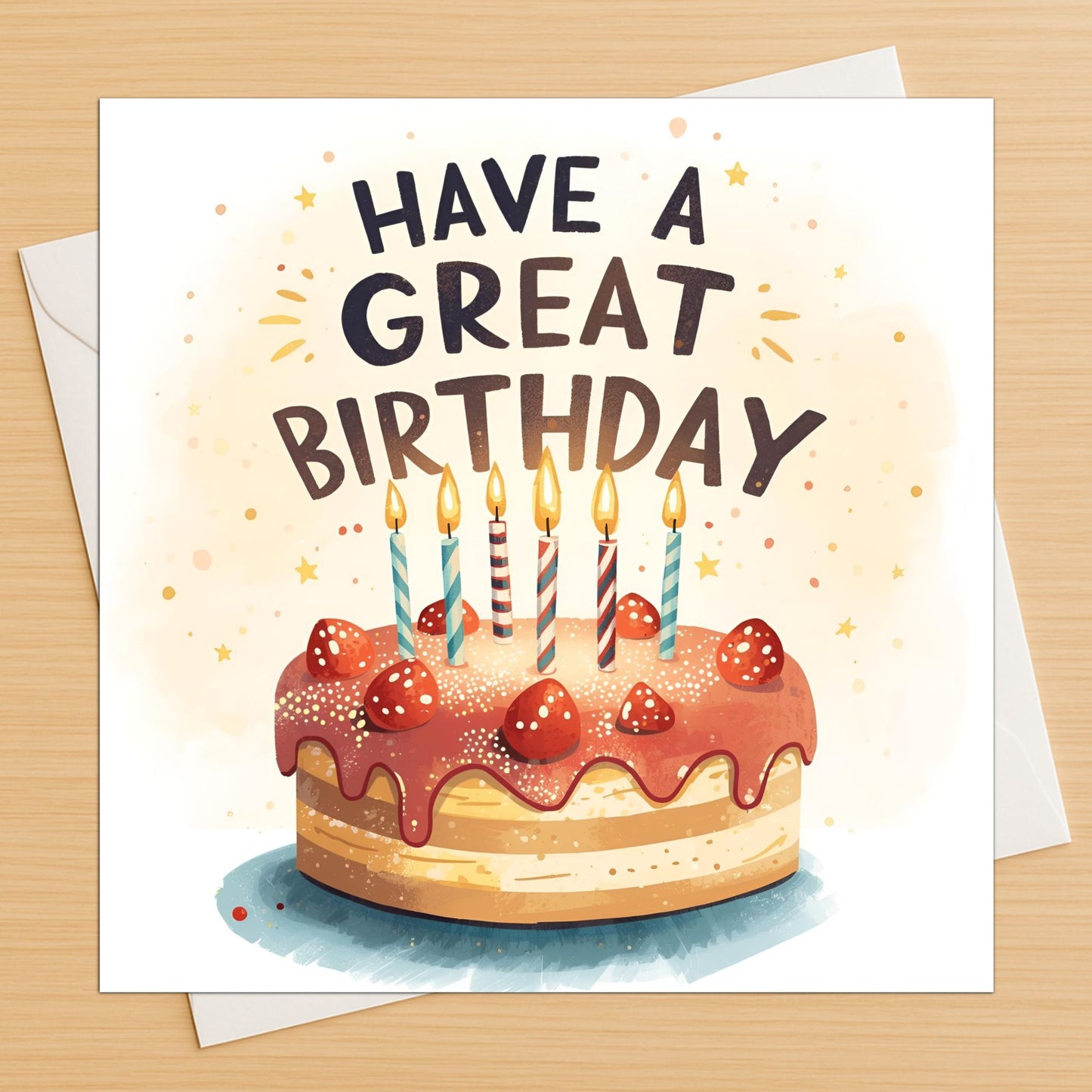 Strawberry cake happy birthday card with candles and text on wooden table