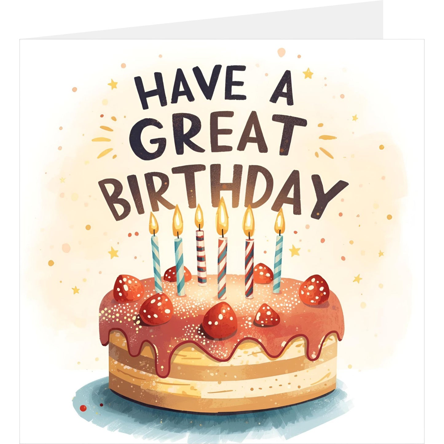 Strawberry cake happy birthday card standing with back partially visible