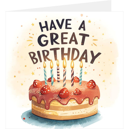 Strawberry cake happy birthday card standing with back partially visible
