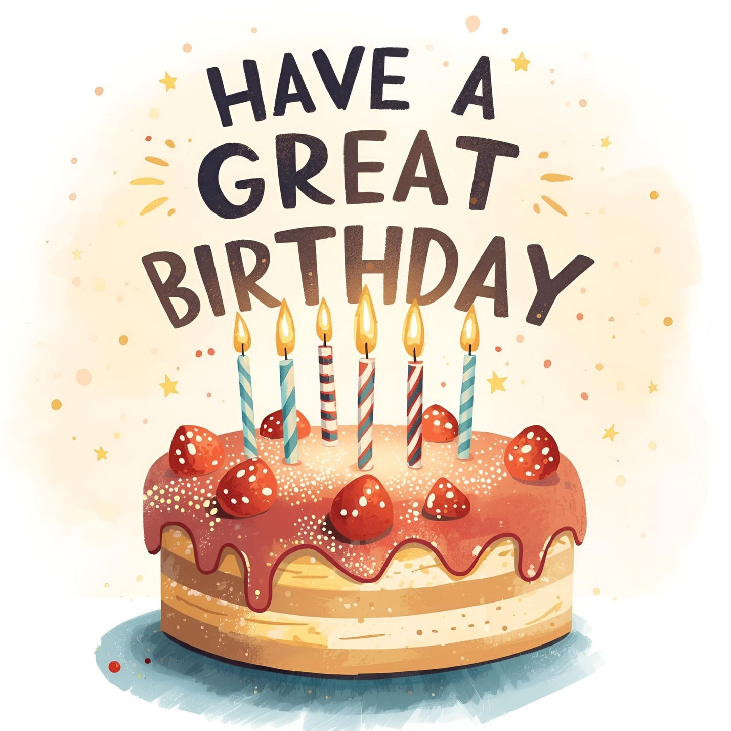 Strawberry cake happy birthday card front with lit candles and icing design