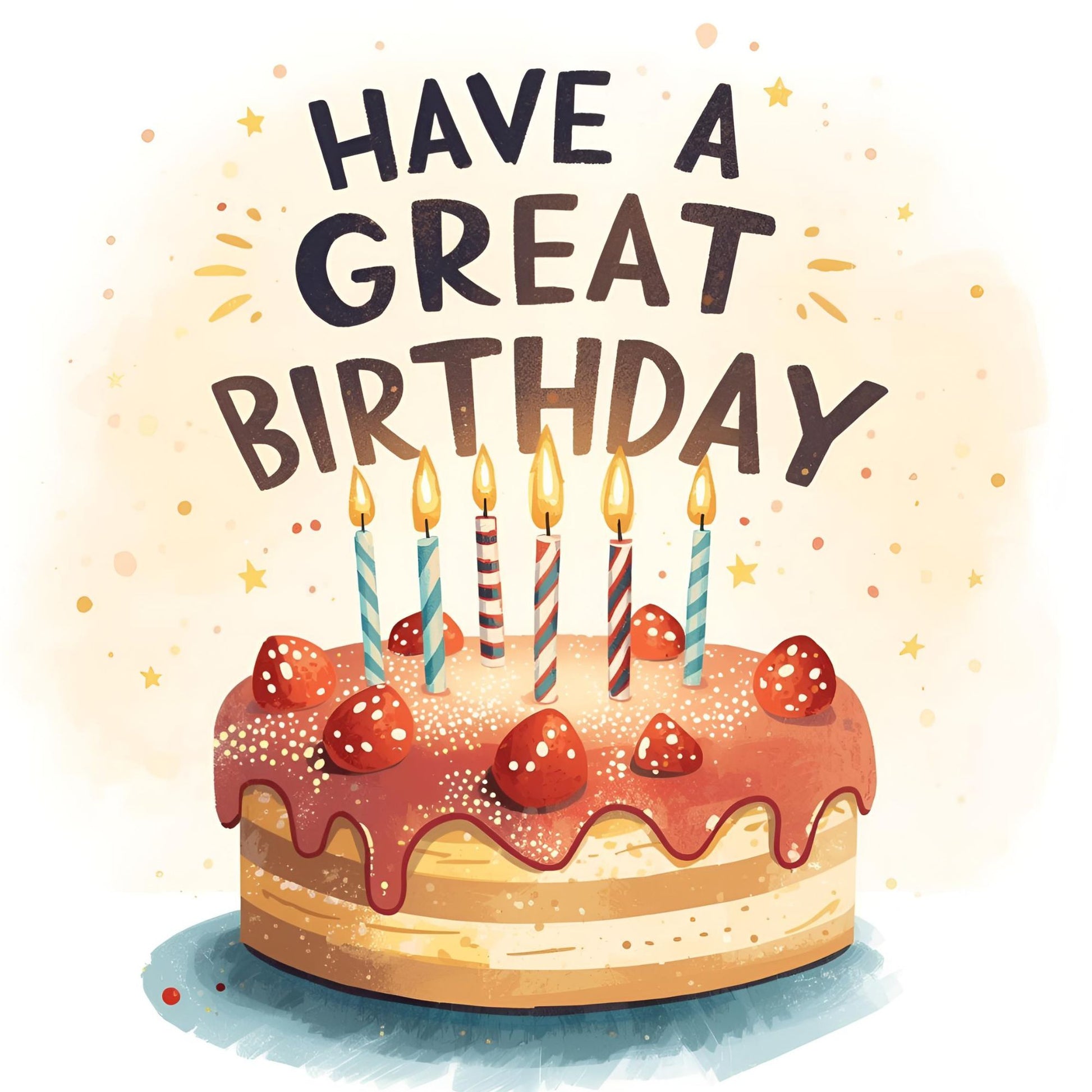 Strawberry cake happy birthday card front with lit candles and icing design