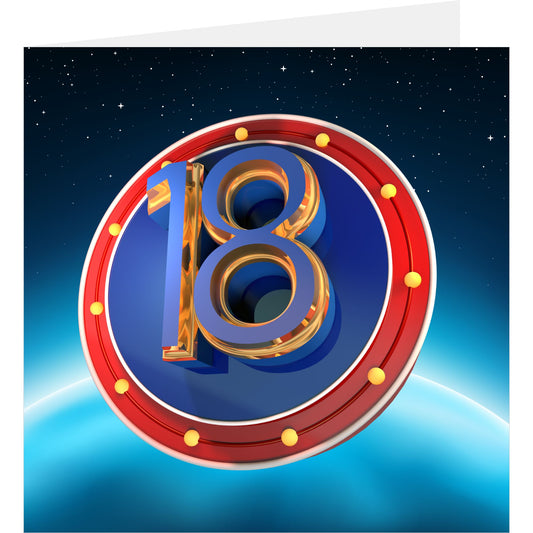 Greeting card with number '18' in gold on a blue and red circular design against a starry night sky.
