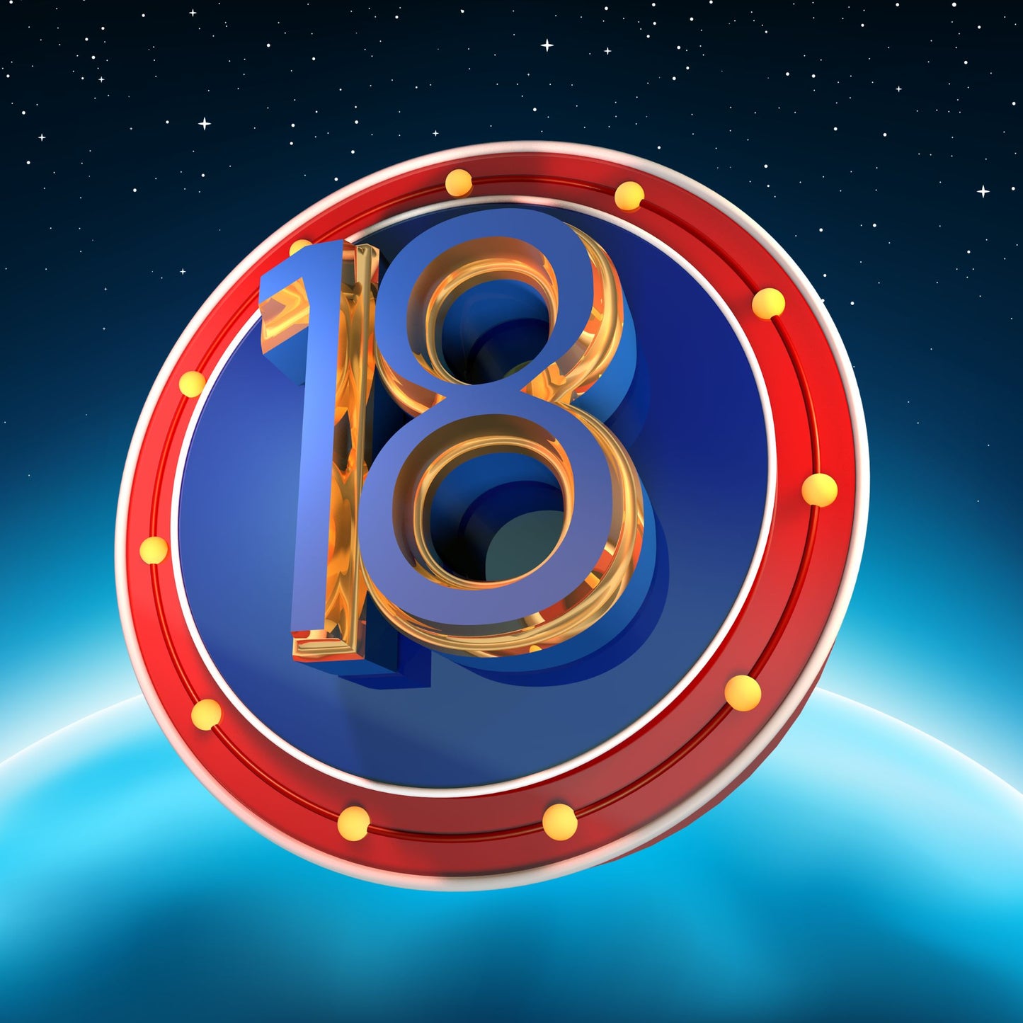 Superhero-style blue and gold 18 numerals on a red-rimmed emblem against a starry night sky