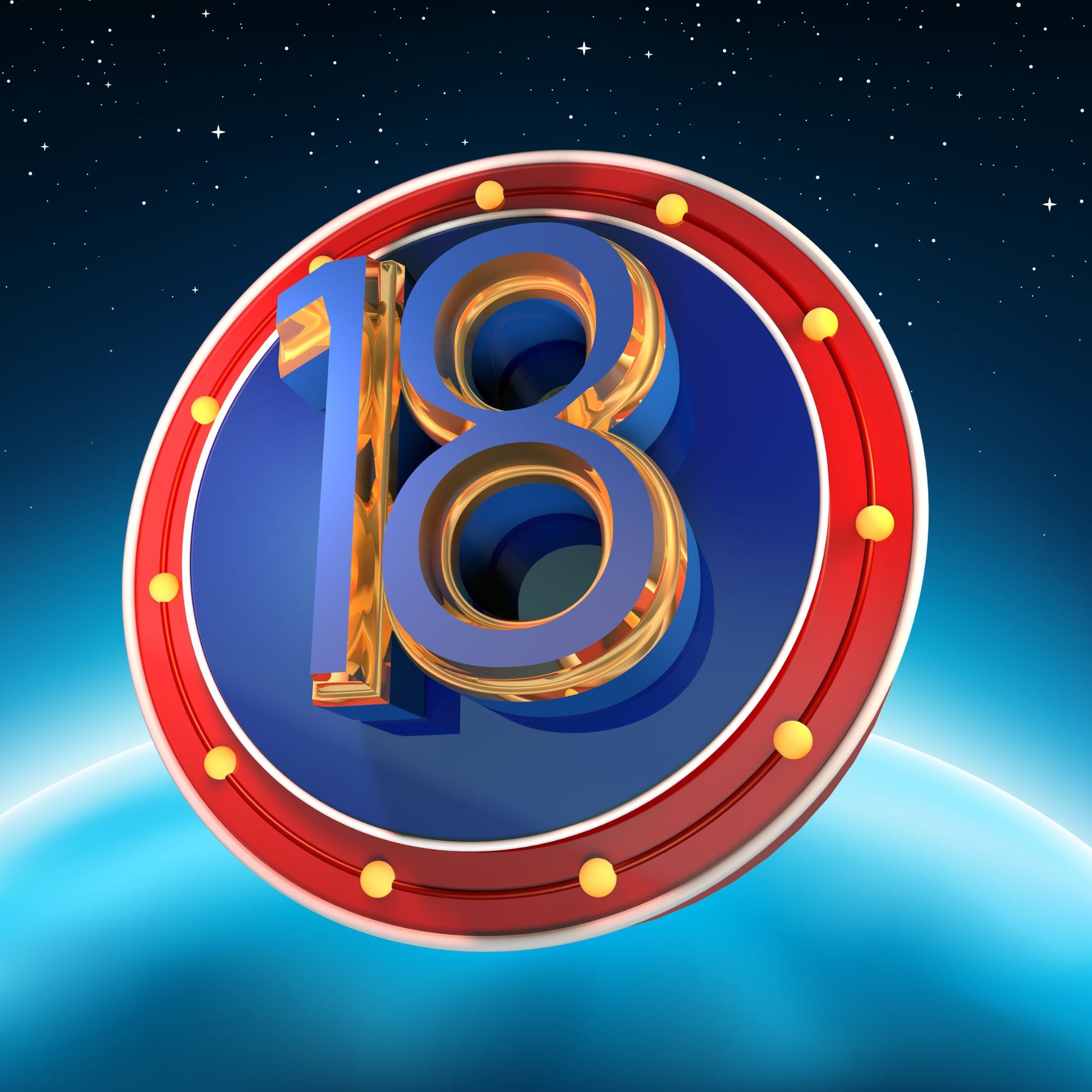 Superhero-style blue and gold 18 numerals on a red-rimmed emblem against a starry night sky