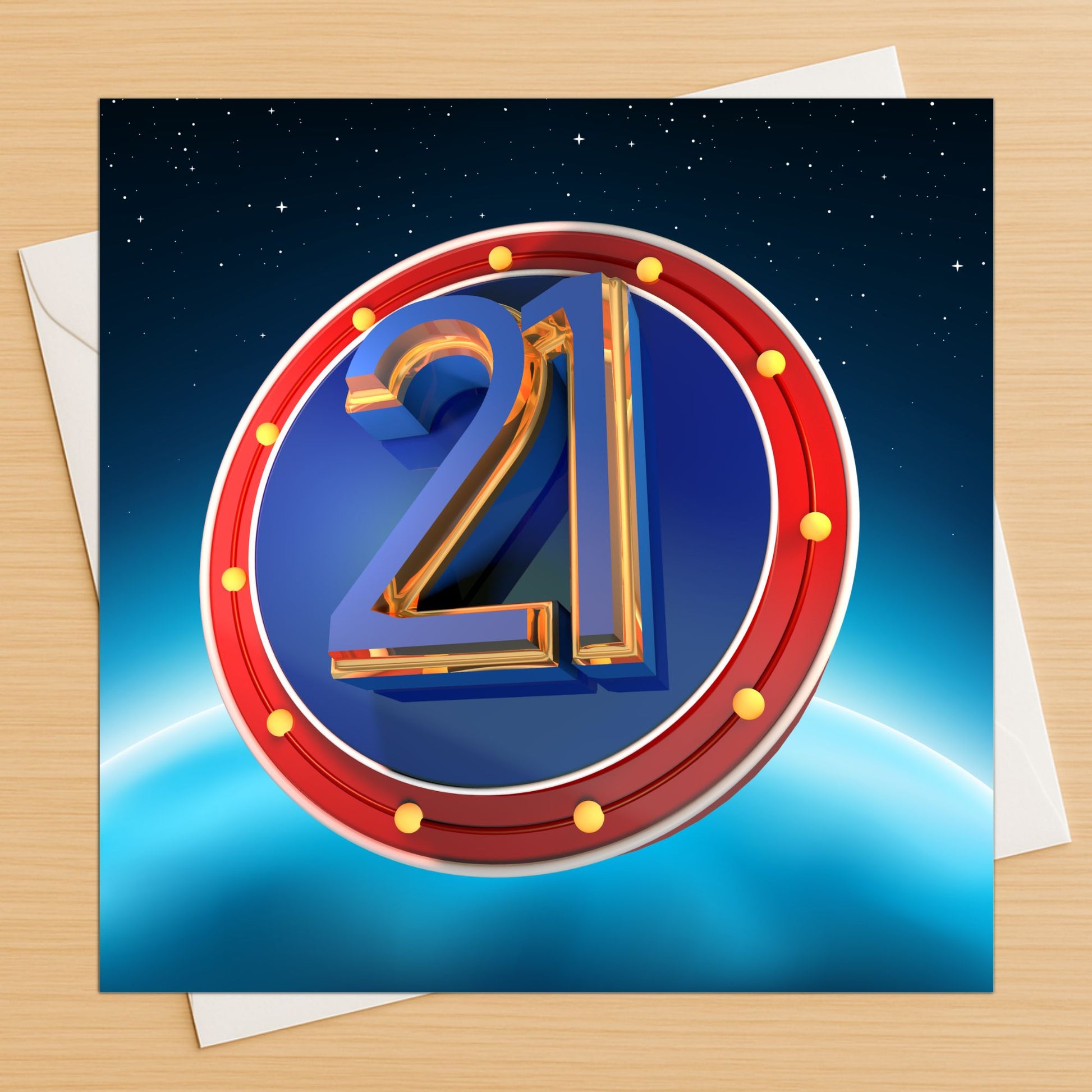 Superhero style greeting card with number '21' design on a blue background