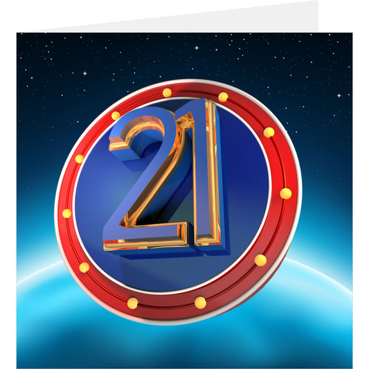 Decorative number '21' with a blue and red border on a dark blue background