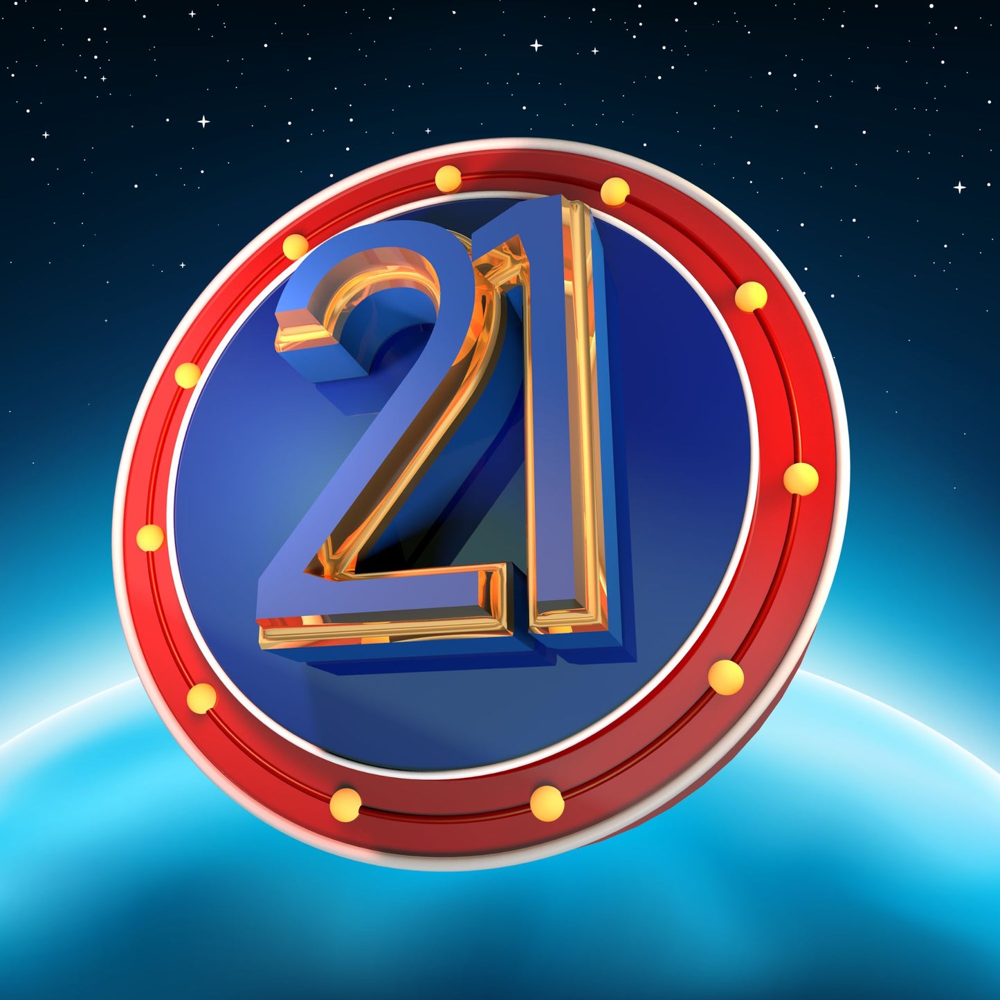 Superhero-style blue and gold 21 numerals on a red-rimmed emblem against a starry night sky