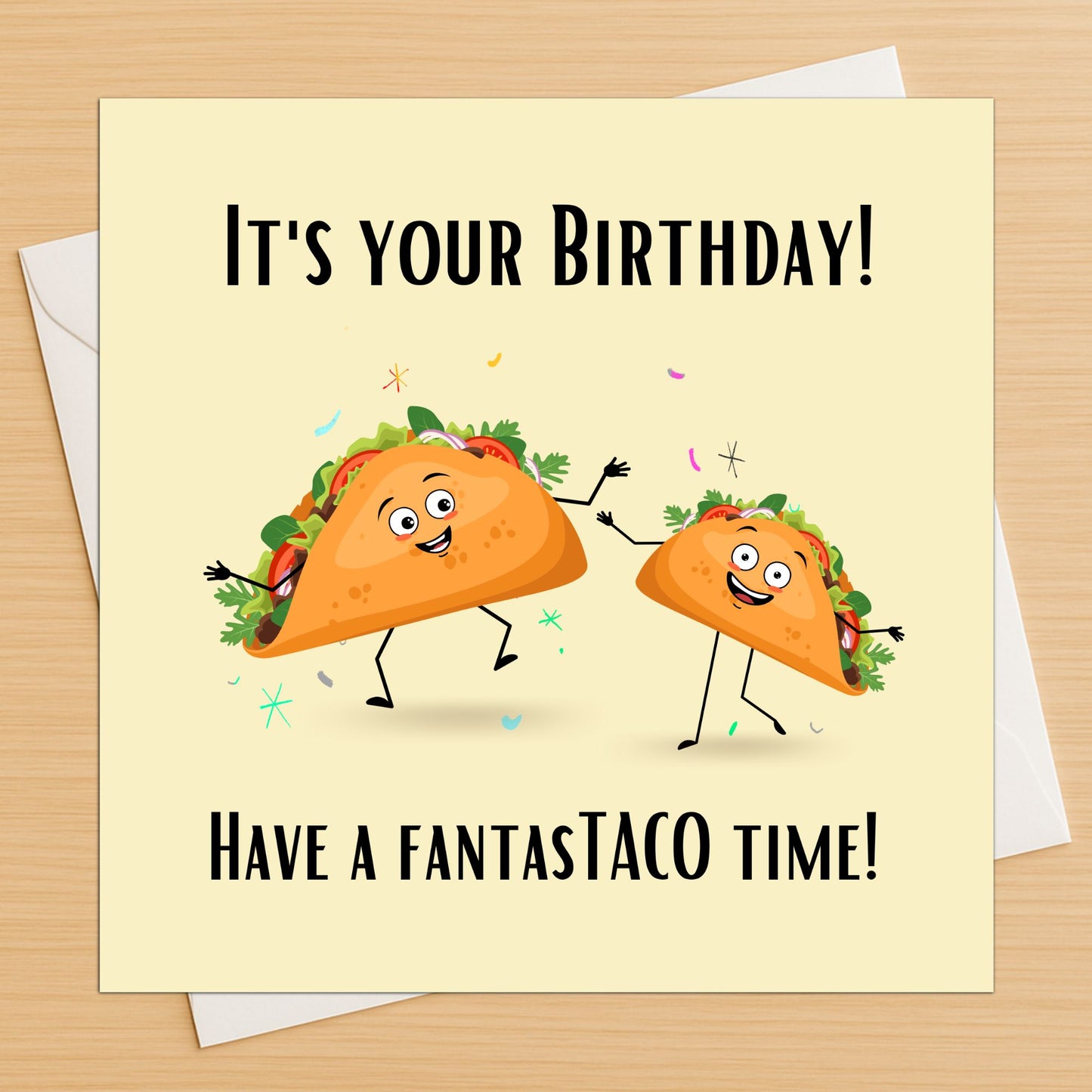 Funny taco birthday card with dancing tacos and envelope